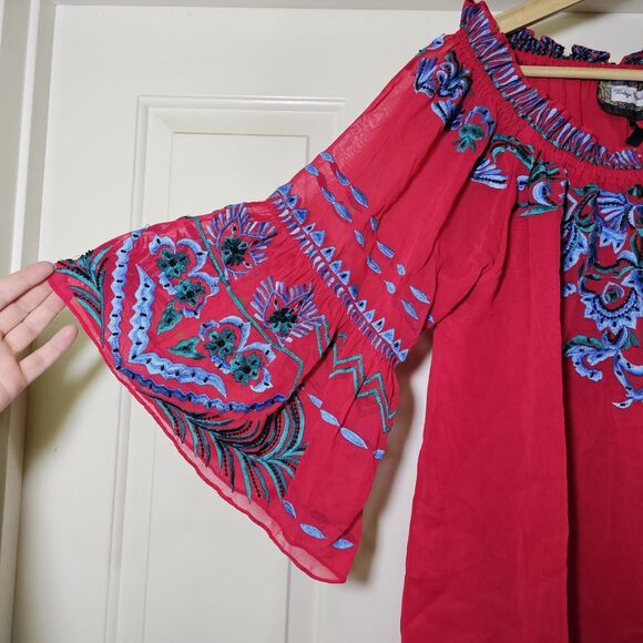 Vintage Collection Women's Red Chiffon Top Tunic Blue Floral Embroidery Beaded L - Picture 2 of 12